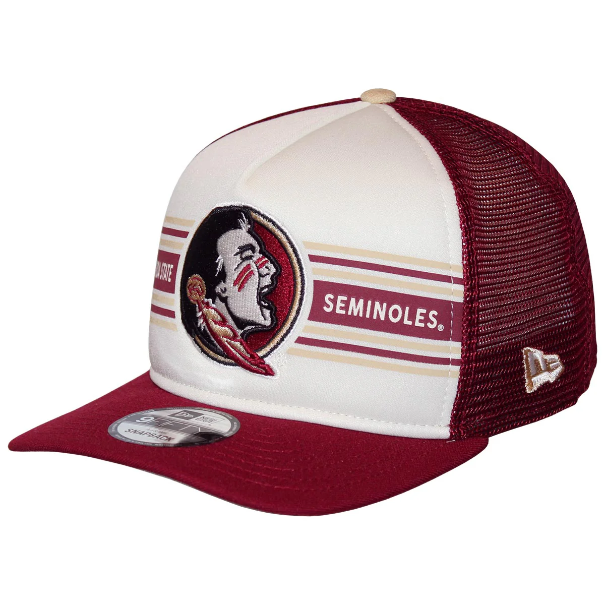 New Era Men's Seminole Logo/Florida State Seminoles Stripe Design 950AF Adjustable Trucker - Ivory/Garnet - MoB Apparel